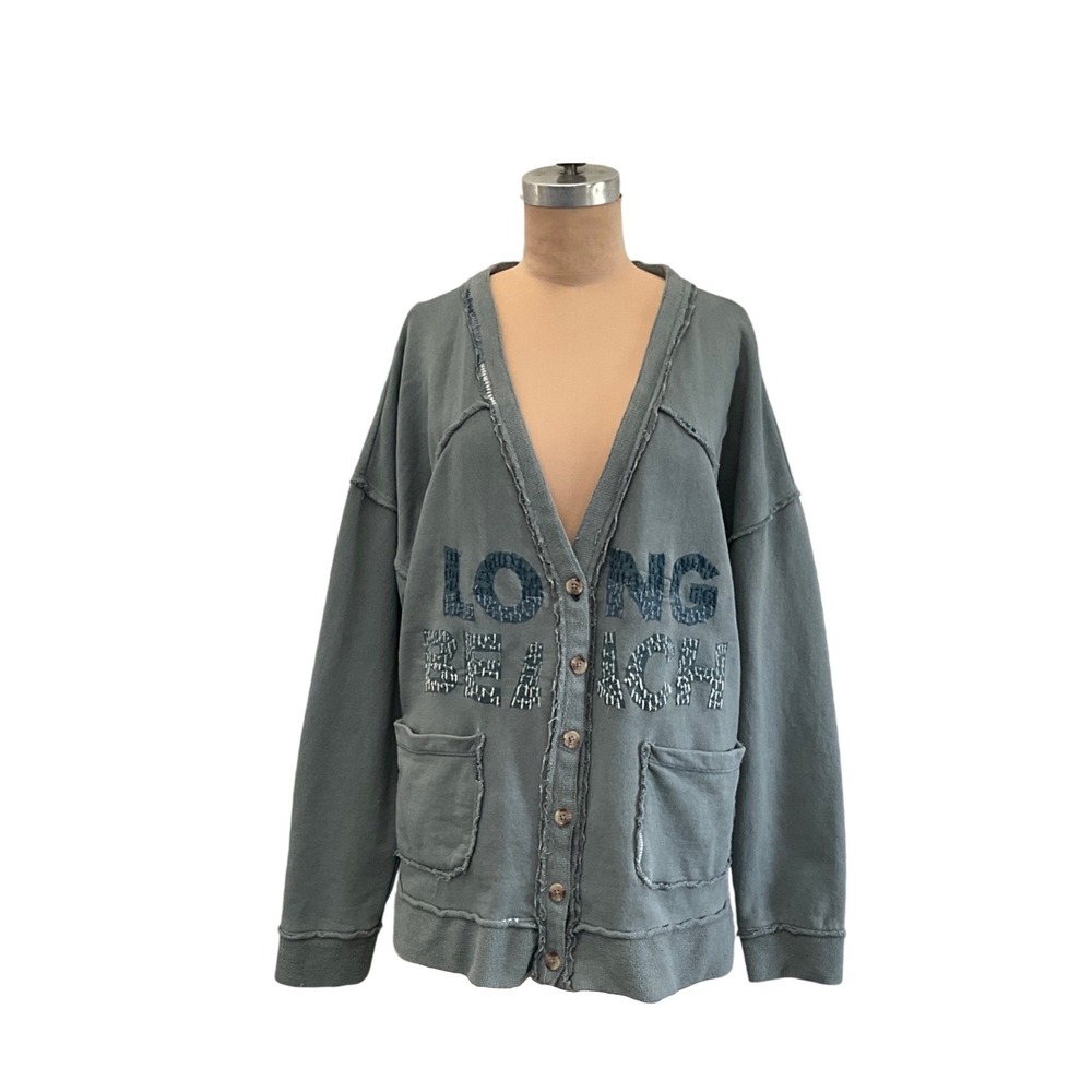 Pilcro Varsity Cardigan Long Beach Graphic Oversized Green Womens Size L Cozy - Picture 3 of 12